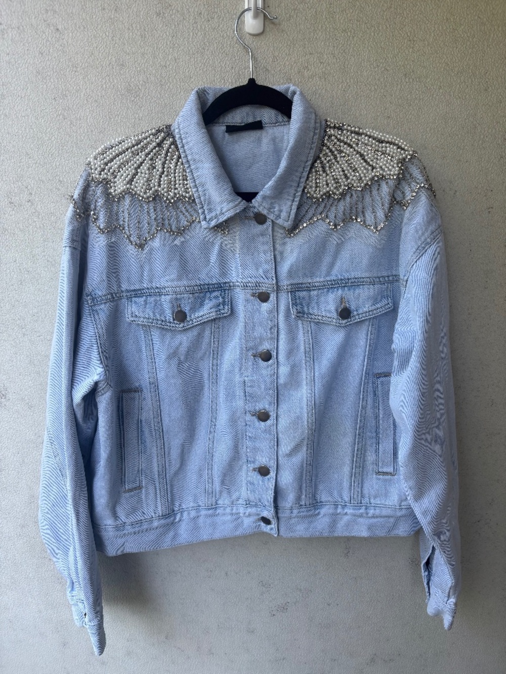 VICI Pearl Rhinestone Denim Jacket L Embellished Crystal Statement